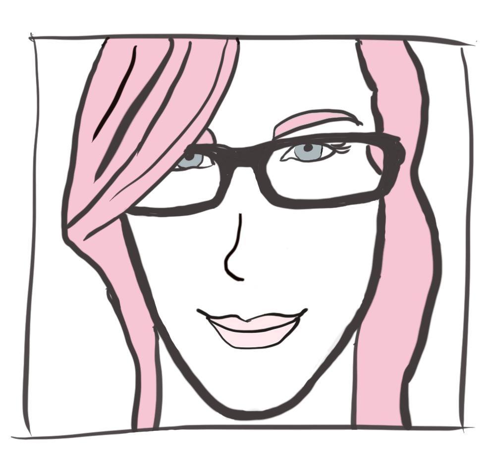 Jilliosity drawn as a cartoon with light pink hair and black classes